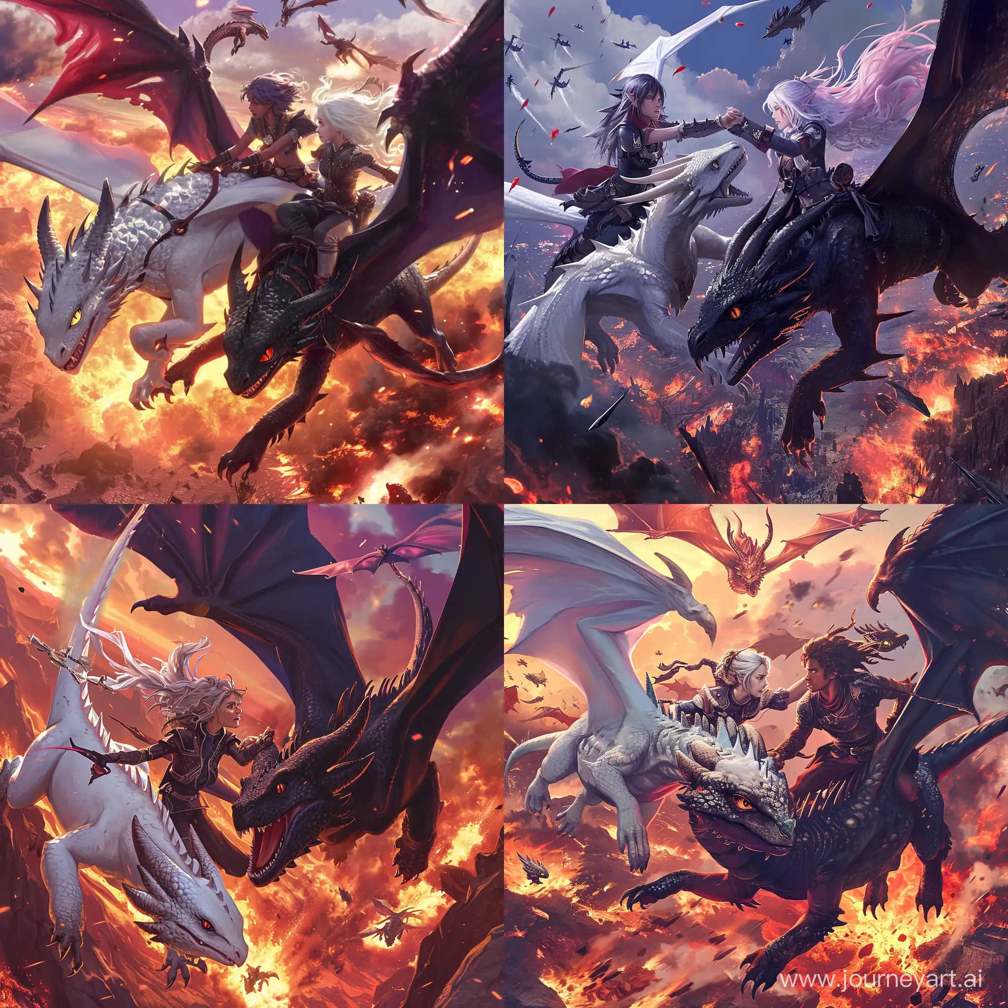 A dramatic scene of Violet and Xaden flying on their dragons over a battlefield, with fire and smoke in the background. Violet’s dragon is white with silver scales, and Xaden’s dragon is black with red eyes. They are holding hands and looking at each other with love and determination, as they prepare to face their enemies