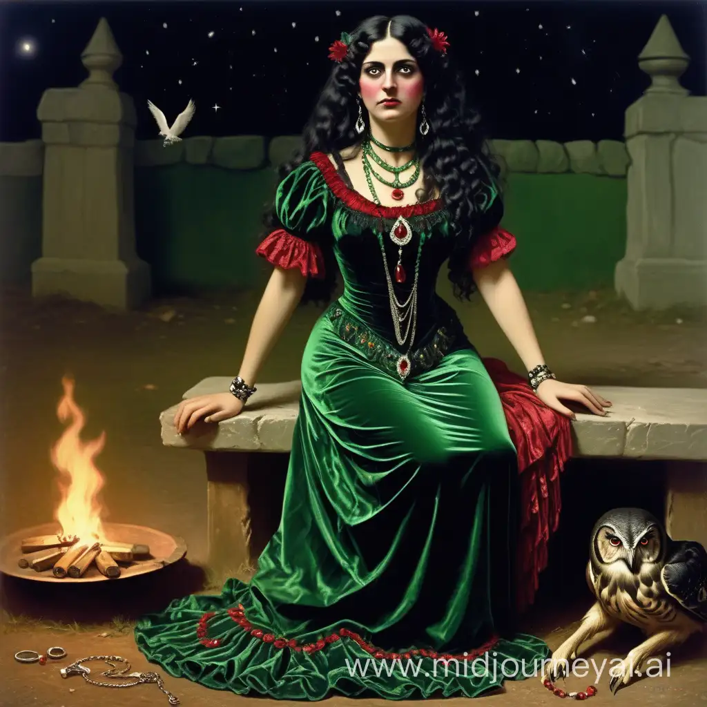 A Spanish gypsy lady with dark long curly  hair, black mascara on her eyelashes & black eyeliner, she is wearing a green velvet black corded laced-up dress & with green satin inserts & teardrop ruby jewels all around the hem of the dress , she wears Victorian Era ruby earrings & matching ruby & silver necklace & bracelet. She is reciting an incantation of her ancestors during her ritual of a protection magic. There is a bonfire surrounded by a horseshoe shape on the ground,  it is midnight & the stars are in a pattern of a winged horse looking down on the lady. An owl looks at the lady