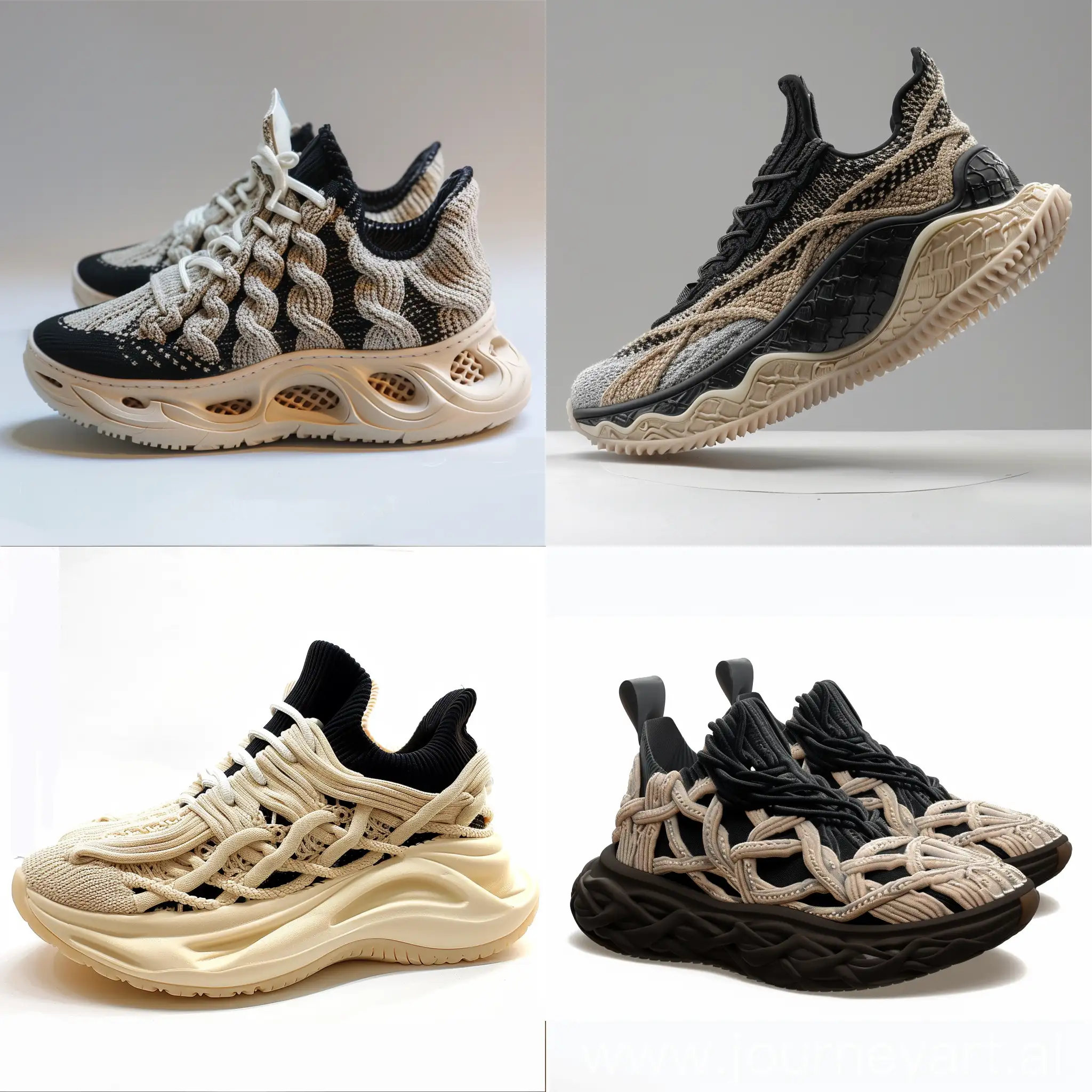 Sneakers design inspired by knitted cables fabric , Alexander McQueen shape , color black/light begie , cables knitted rubber midsole , hiphop , skating  , low neck