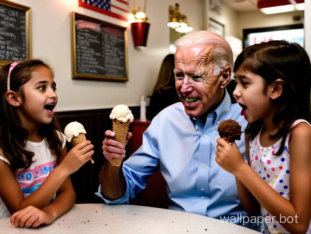 Joe Biden eating a chocolate chip ice cream in an ice cream parlor. There are young girls near him.