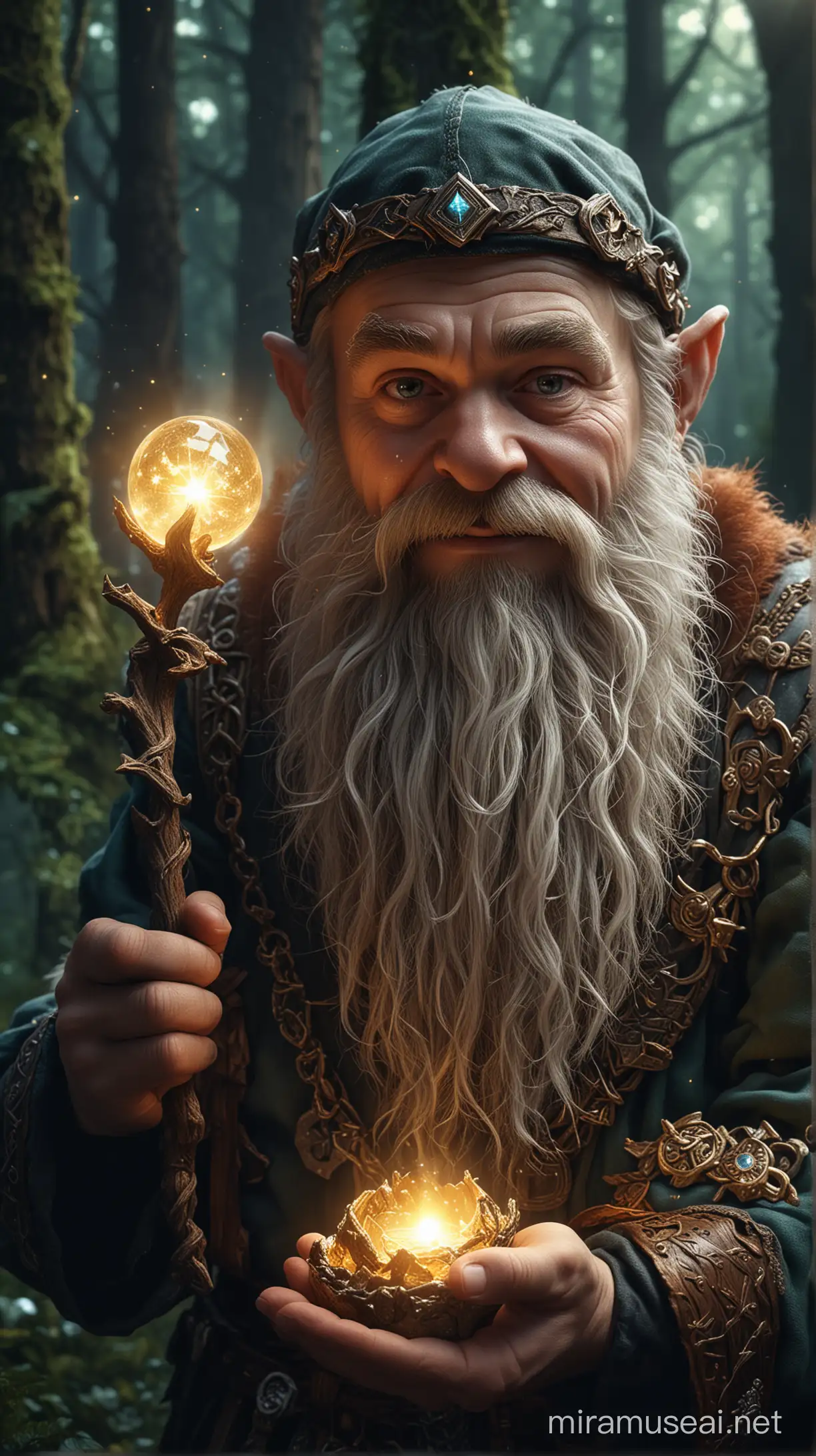 Hyper-realistic photo of a dwarf. Subject is clean-shaven. Subject is holding glowing treasure. Subject is happy. Subject is in an enchanted forest. Starlight. High definition, raw style.