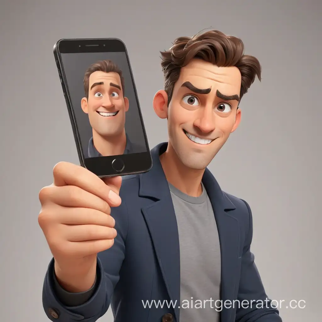 мультяшный мужчина показывает дисплей телефона с поднятым большим пальцем 