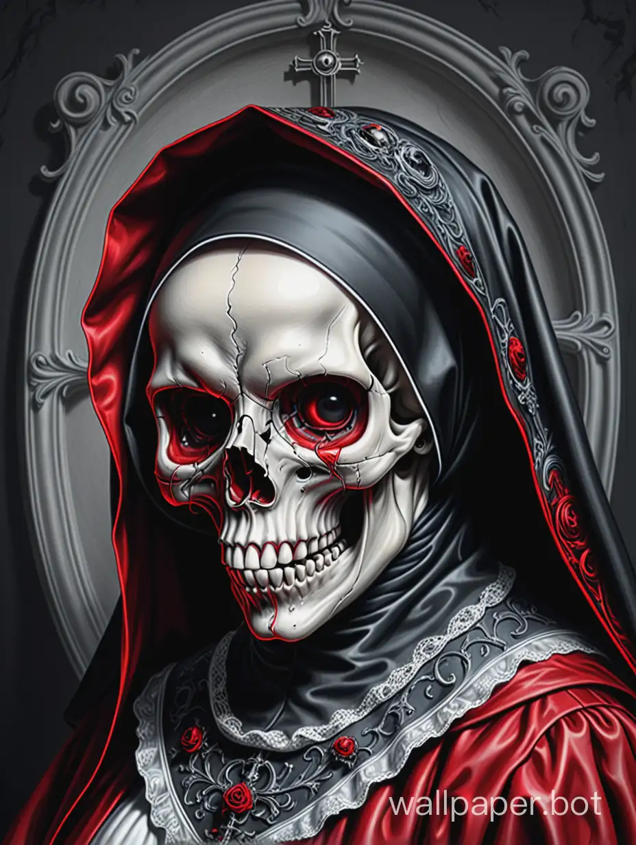 skull nun,  crazy skull , assimetrical, Peter paul rubens  poster, drawing illustration, hiperdetailed, black,gray, red
