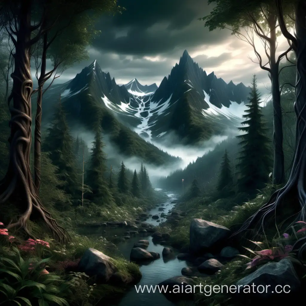 Mystical-Enchanted-Forest-Landscape-with-Dark-Mountain-Silhouettes