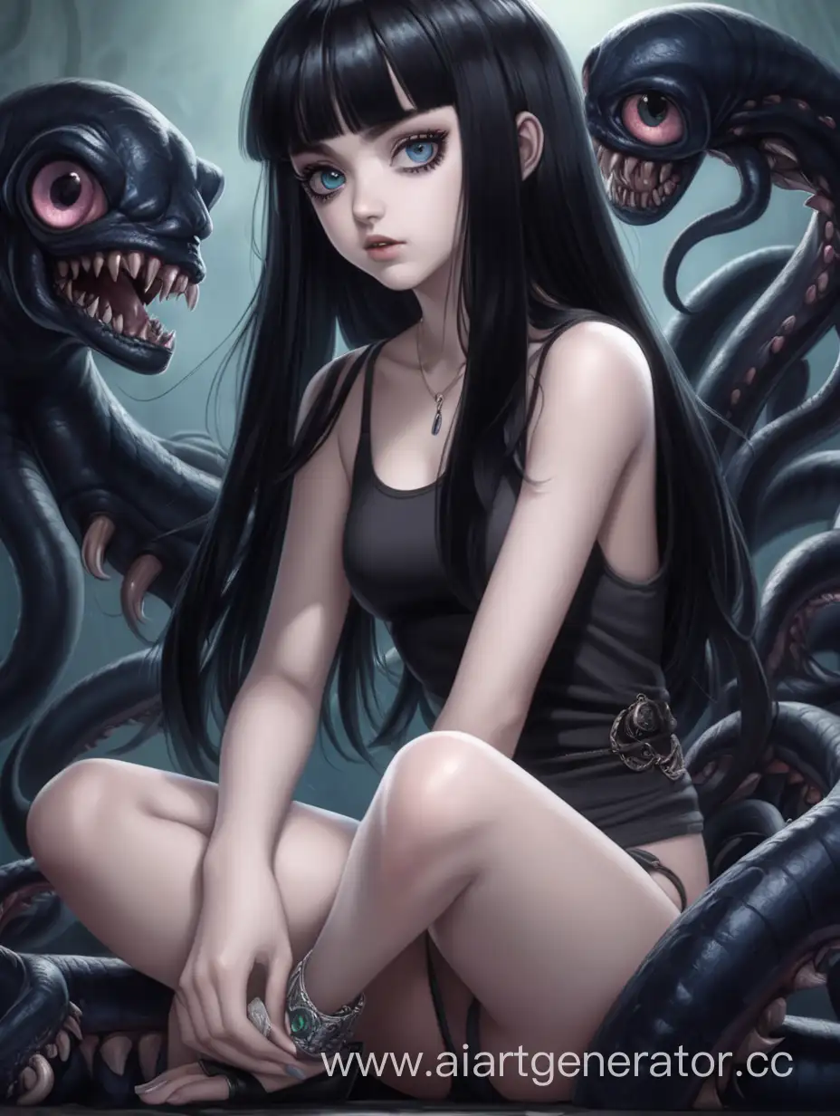 Девушка, 19-20 лет, королева стаи монстров, с чёрными волосами, гетерохромия, щупальца чёрного цвета, сидит и видно её целиком