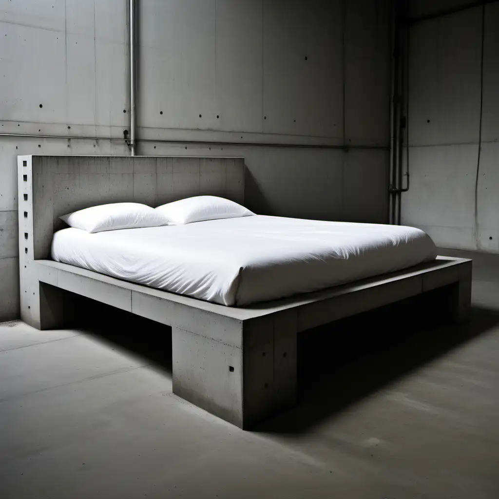 Brutalist Bed, a bed made of concrete, Brutalist architectural style, stark, utilitarian 