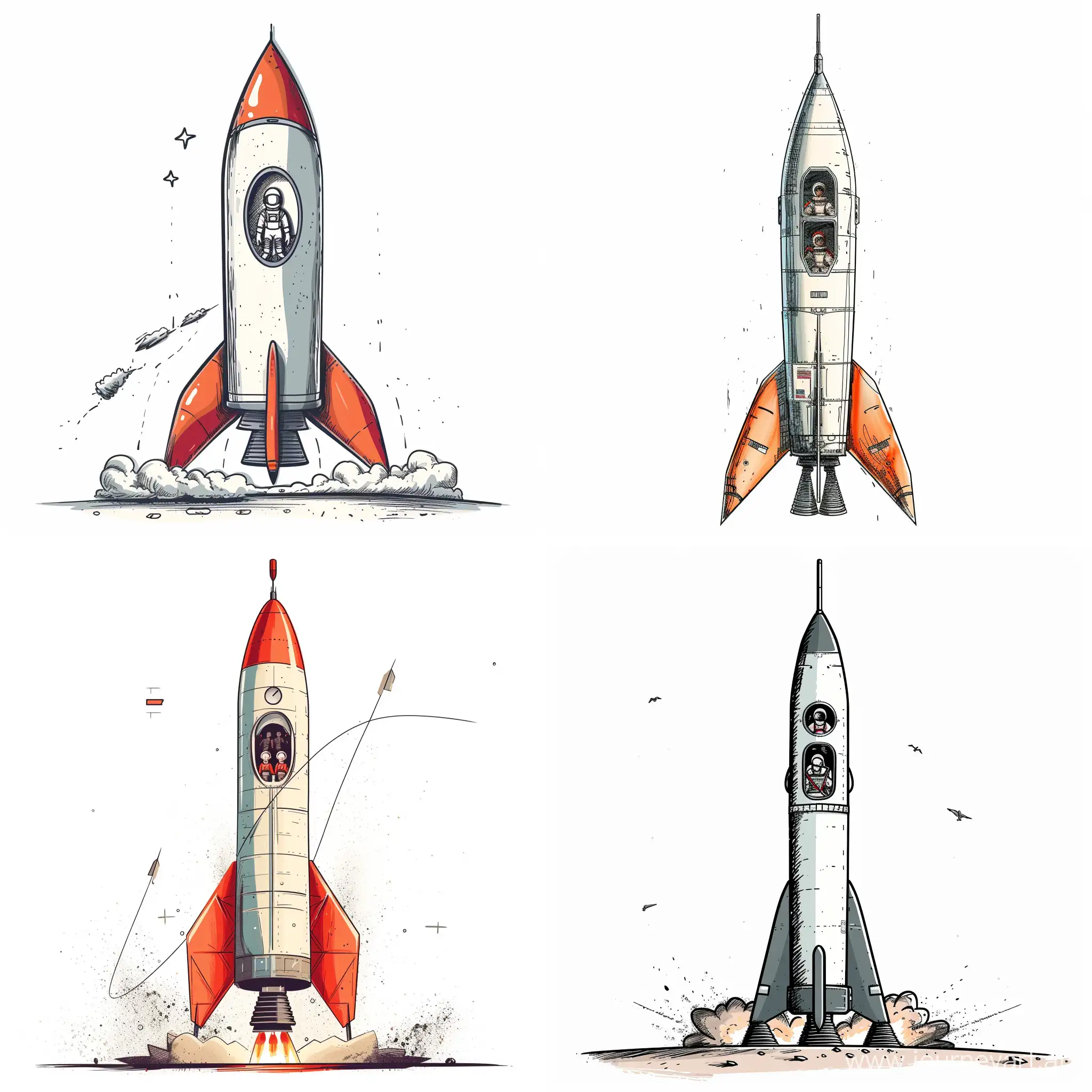 A rocket is ready to launch, few people are inside,  and there is empty seat waiting for someone.  Vector sketch drawing illustrator style on white background. 