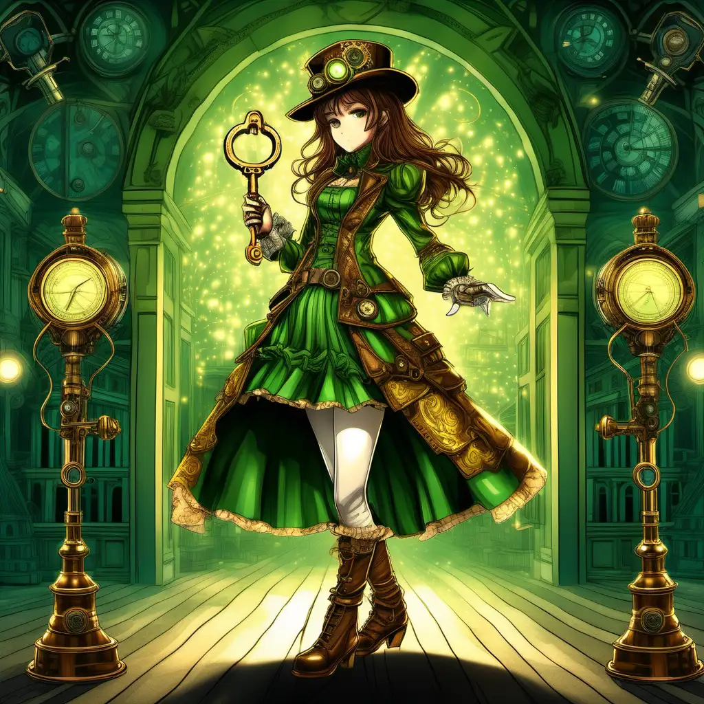 a dystopian Victorian full body head to toe image of a girl , holding a magical glowing key, with brown hair, in a green and gold outfit, full body, head to toe, in a dancing standing position, in steampunk style, no hat ultra hd, cartoon anime, vivid colors, highly detailed, perfect composition, beautiful detailed intricate insanely detailed perfect light