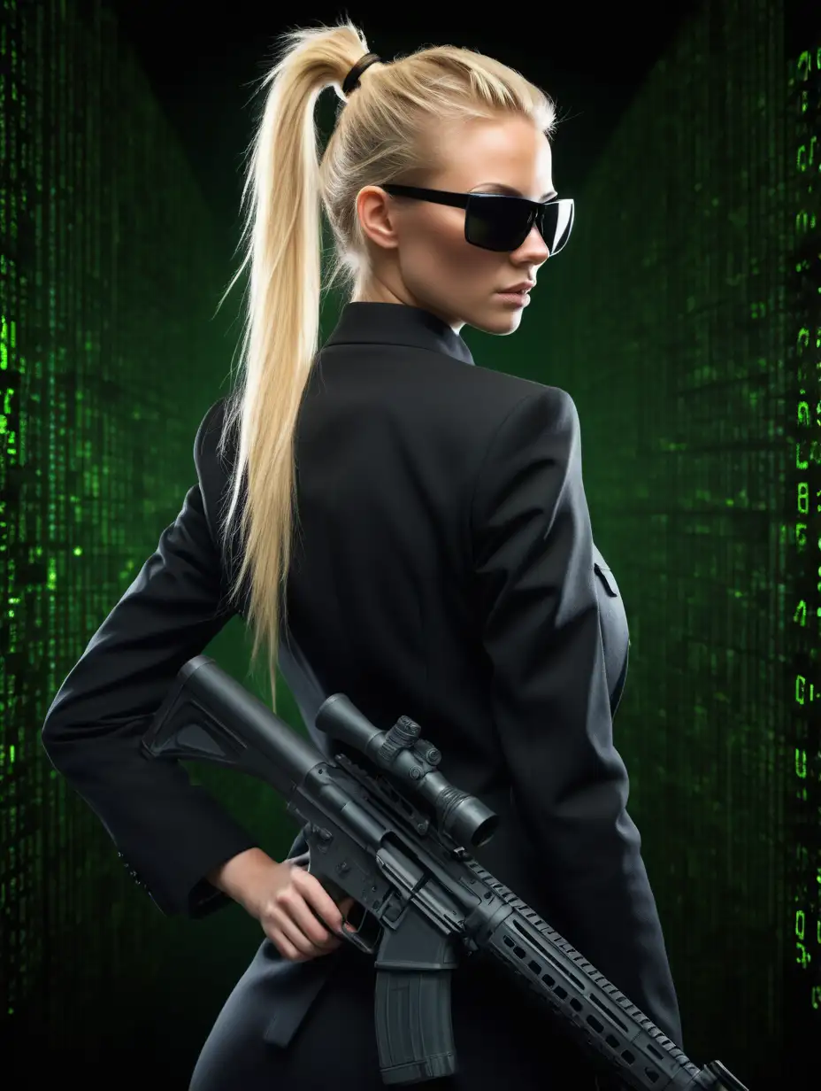 Beautiful Nordic woman, very attractive face, detailed eyes, dark eye shadow, blonde hair in a messy high ponytail, wearing an all black suit and black sunglasses, soft light on face, rim lighting, looking back over her shoulder, holding an assault rifle, standing in front of green Matrix code, photorealistic, very high detail, extra wide photo, full body photo, aerial photo