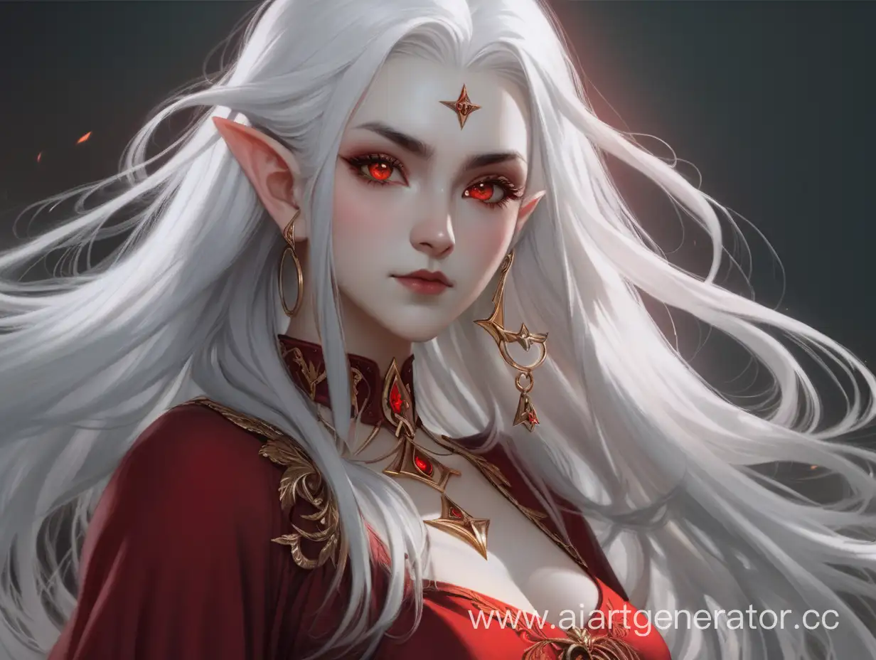 a witch in a red dress, with white hair and golden eyes