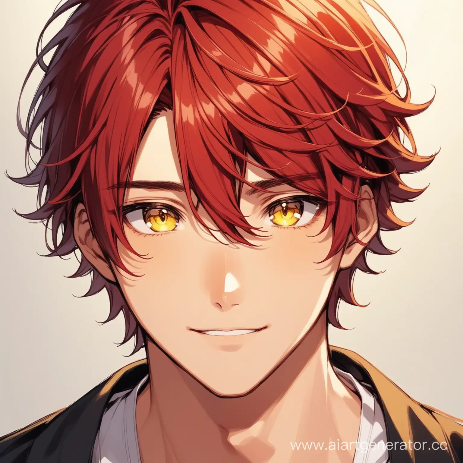 cute guy, short wavy red hair, yellow eyes