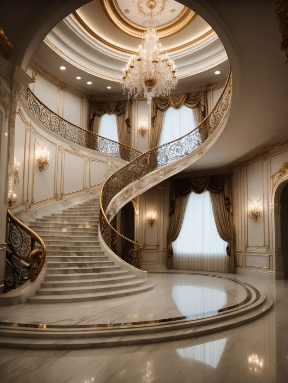 cinderella fairytale ballroom with curved staircase sweeping in from the right side of the image.  The entire staircase is visible.  The floor is marble, the chandeleir is a candle style with crystal. The room style is french provincial, light walls with gold trim.  No furniture or people in the scene.  keep walls straight. keep floors and ceilings straight.  This is a very fancy room.  3 walls are visiblle. there are no windows. use image on right but fix staircase