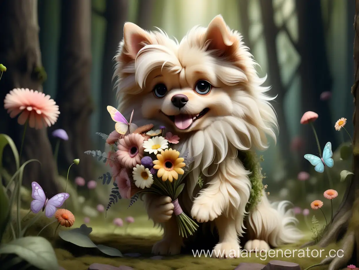 Пёс пушистый в сказочном лесу стоит на задних лапках,  держит в  передних лапках букет цветов. Пёс добрый. 