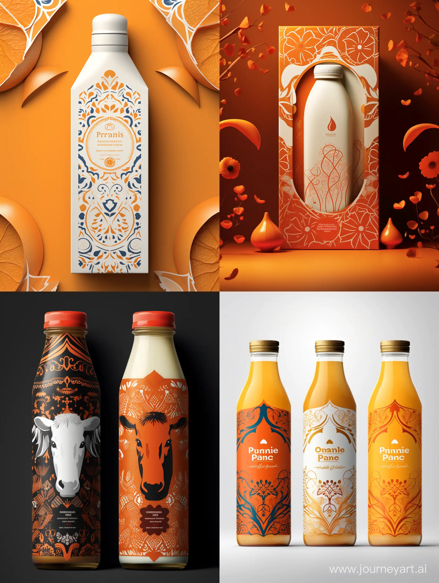 Give me the most creative packaging of orange juice in the minimal style and style of Parker Williams. use Persian design elements.