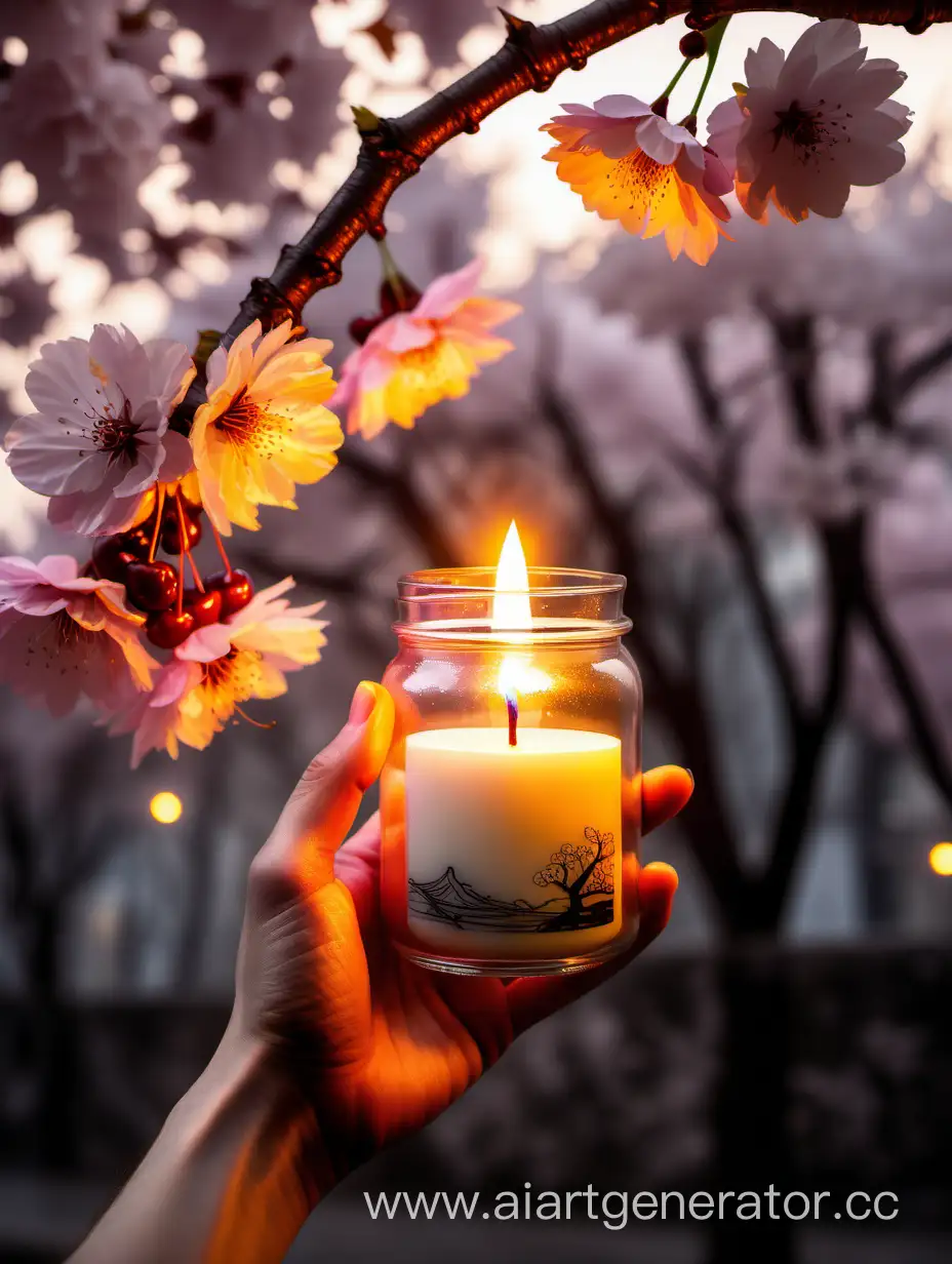 рука держит свечу в банке на фоне сакуры вишни  и дыма