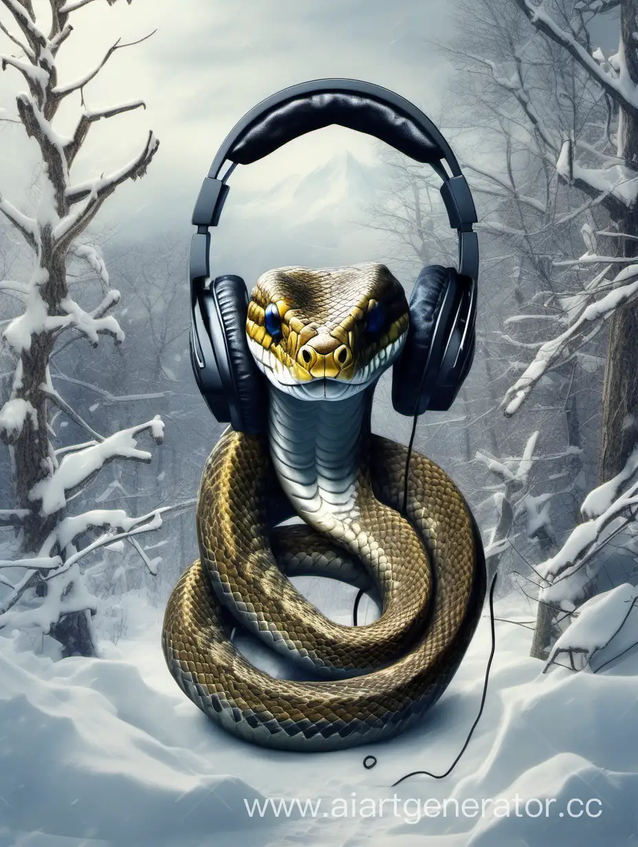 Slavic-Snake-Listening-to-Music-in-Winter-Mountain-Landscape