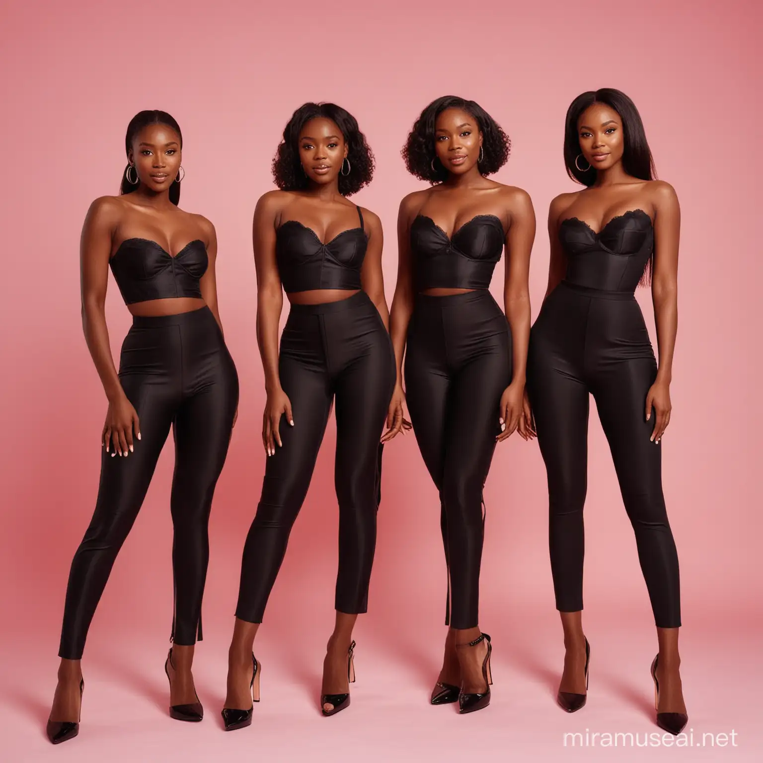 a full body photo of four light complexion nigerian models excitedly dressed in different black coloured body shapewears on a pink background