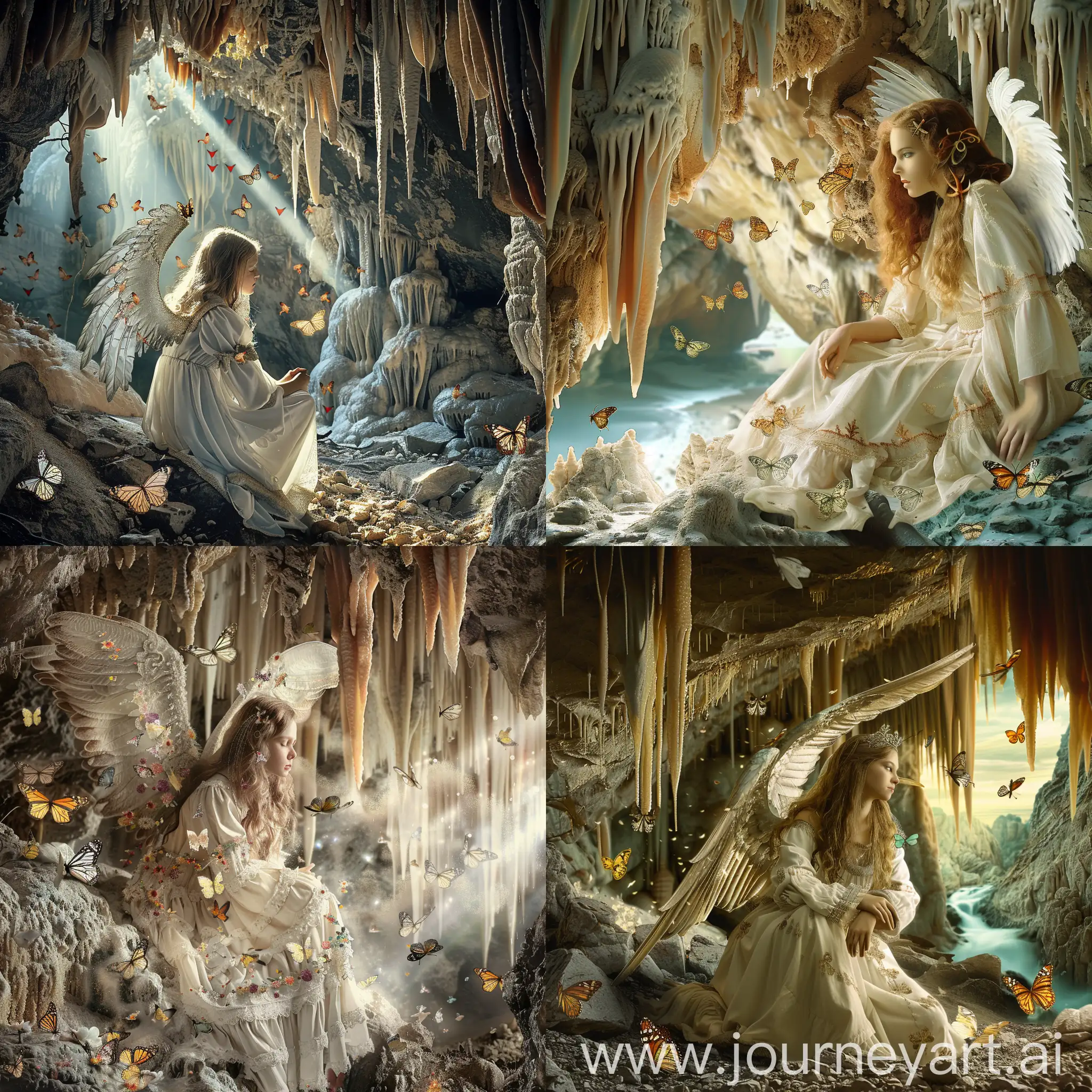 A beautiful medieval angel in a cave with stalagmites and stalactites and butterflies