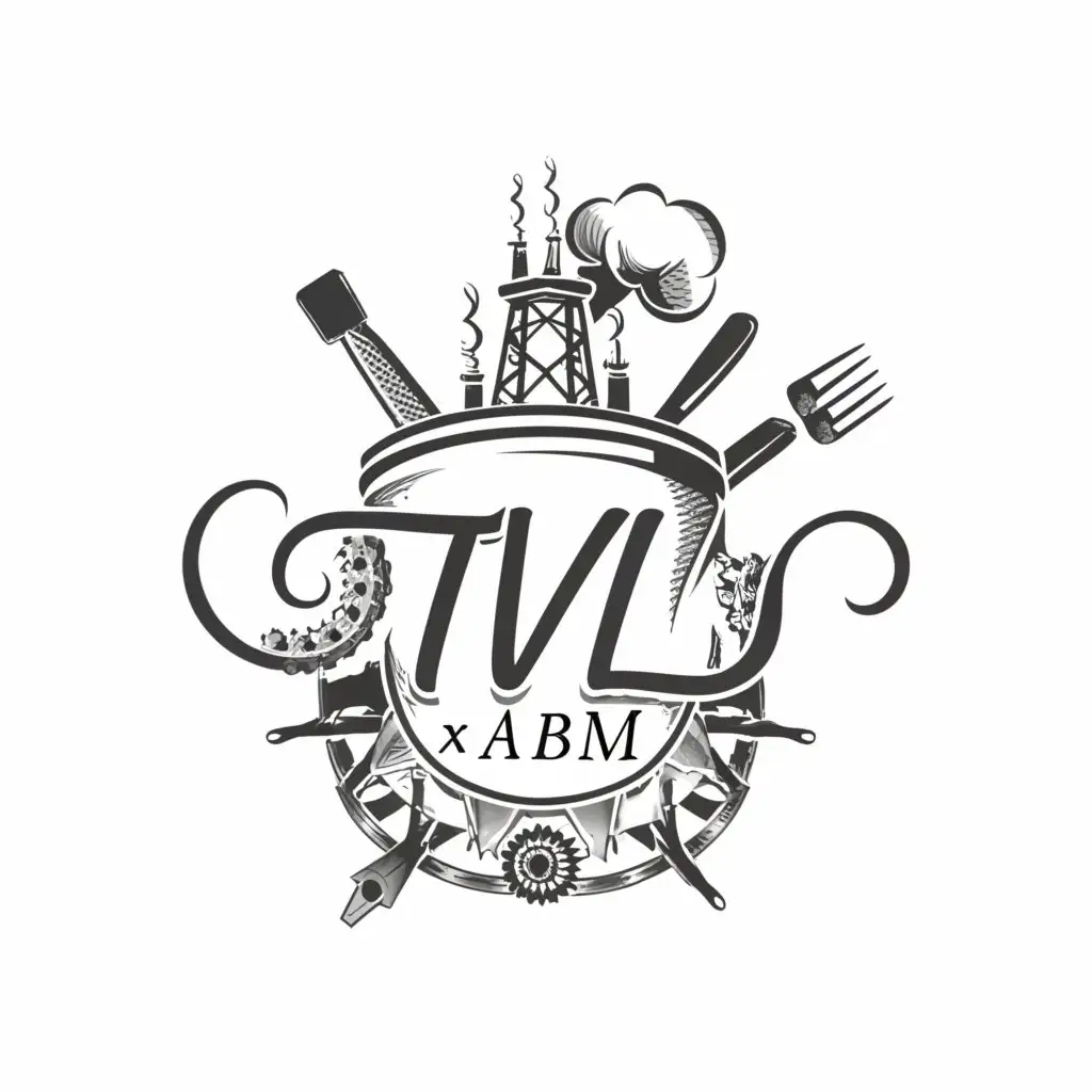 a logo design,with the text "TVL 
  X
ABM
", main symbol:Cooking, towers, Gears, Wrench , Hammer and many tools The lettering and design should be exquisite very creative and fancy,Moderate,clear background