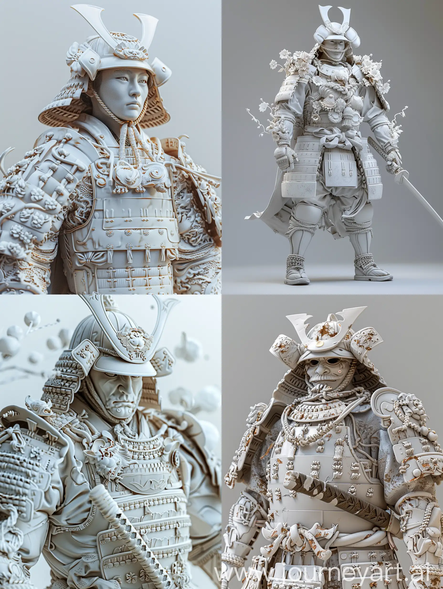 samurai with armor made of porcelain, hyper realistic, 3d.