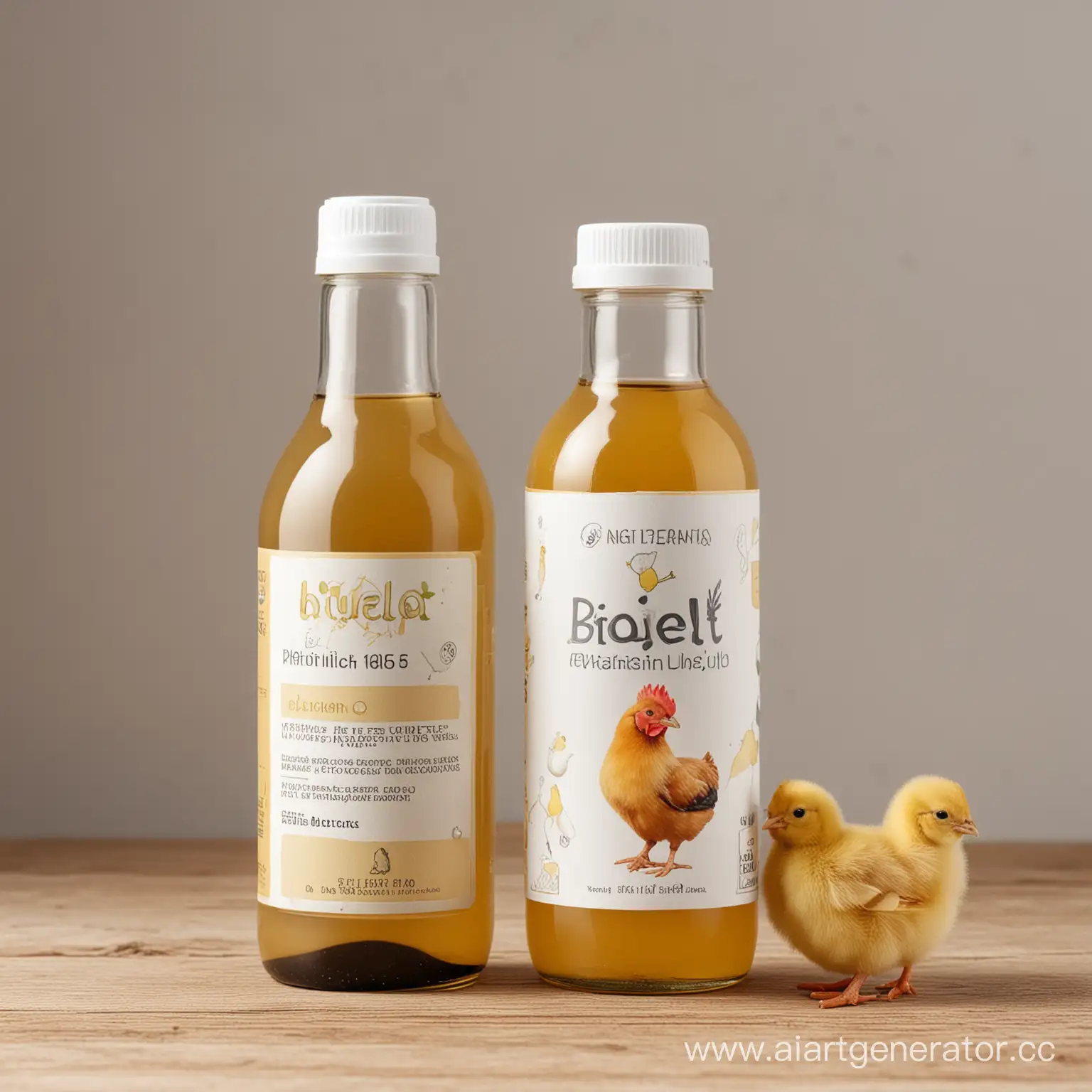 фото флакона с жидкостью, пробиотик для птиц, этикетка с названием Биолёт и рисунком кур, цыплят