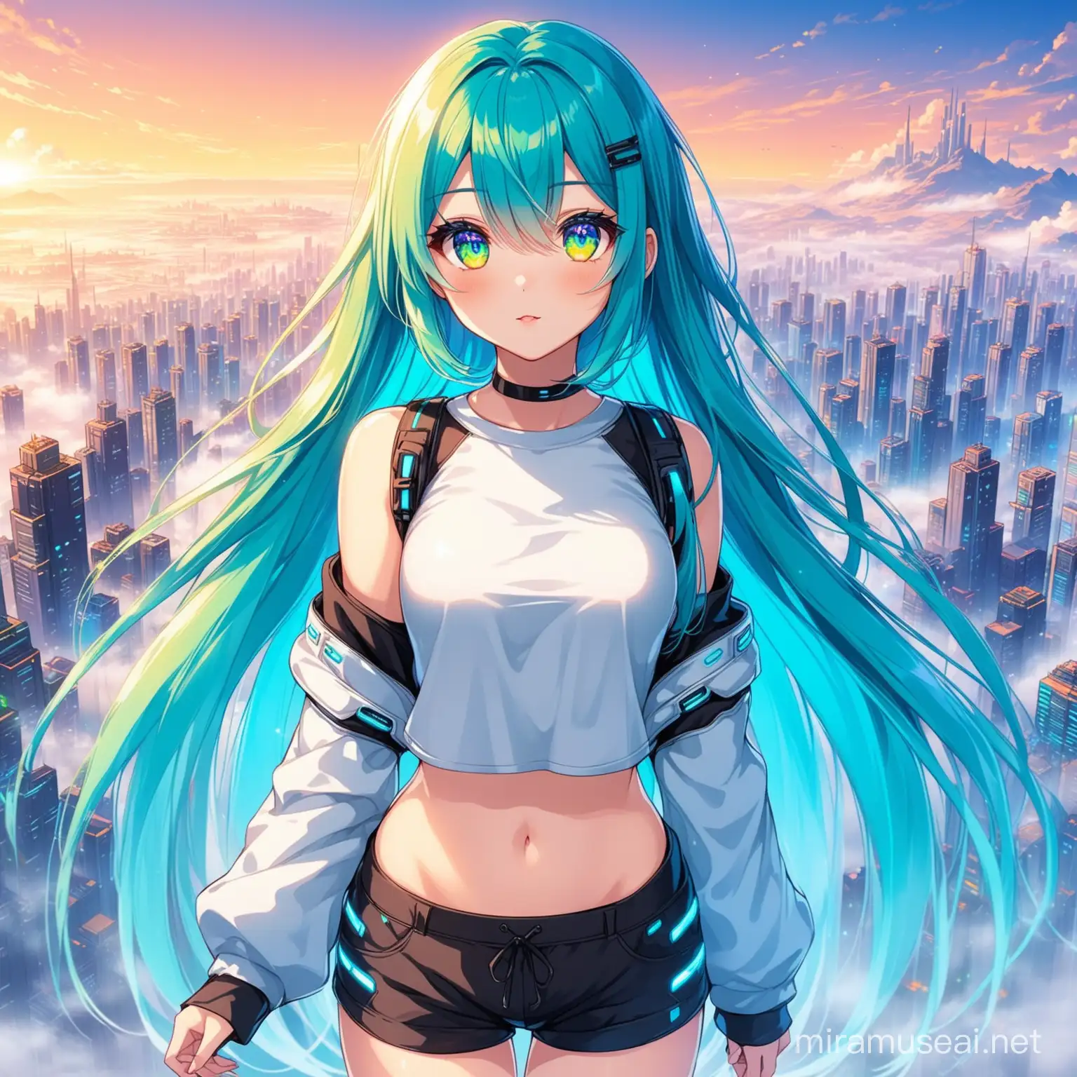 cute girl, anime, shorts, collorfull hairs, long hairs, vtuber, a short top, fog futuristic city in the background, collorful eyes,