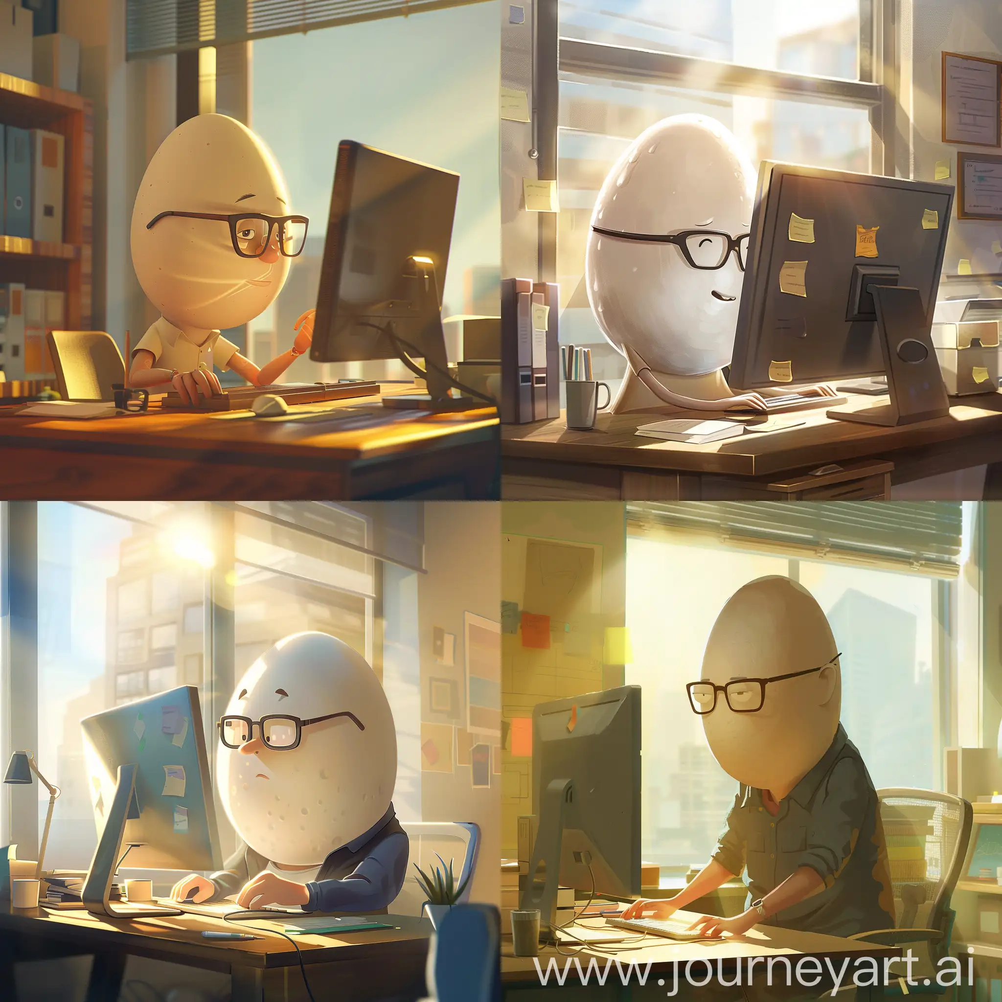 一个戴眼镜的鹅蛋脸程序员，在电脑上敲代码，阳光照进办公室的窗口，动画风格