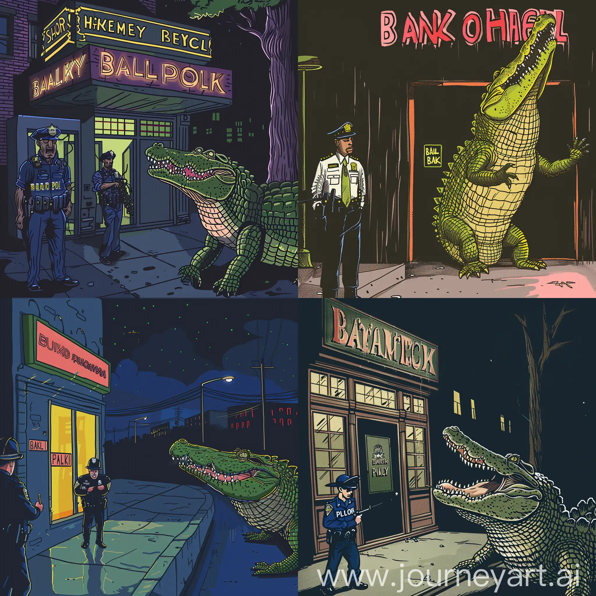 An american crocodile robbing a bank. Police have showed up and is very confused. It is night time in the inner city. Drawn in a simplistic style