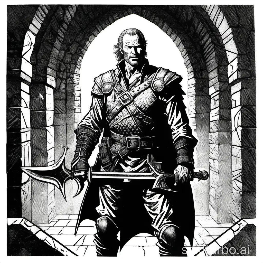 block print, Jorah the tough middle-age fantasy mercenary captain, using the very simplistic style of 1982 Dungeons and Dragons, black and white ink, thick lines, visible cross-hatch, lowres, very low detail, abstract, white background, style of Ravenloft, by Jeff Easley,