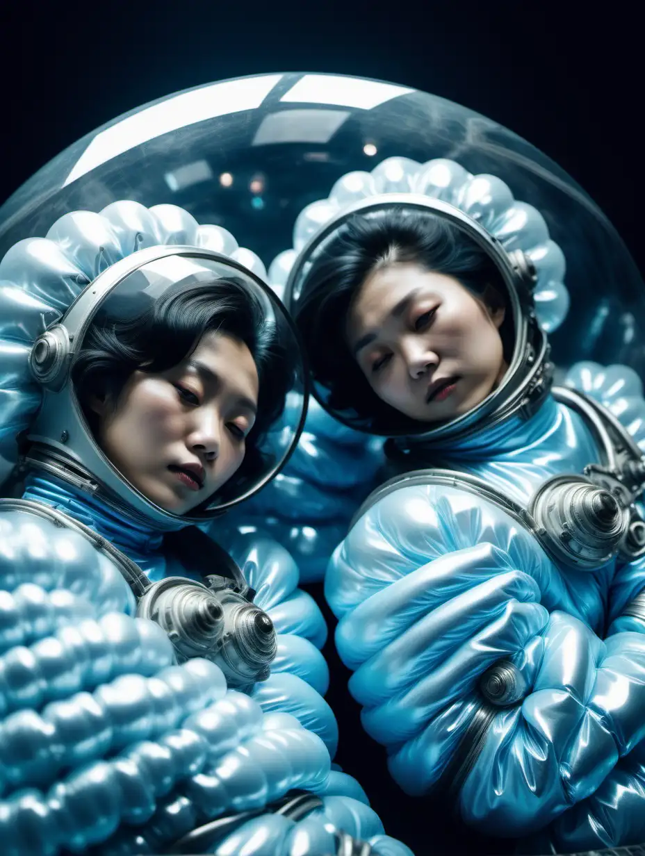 Elegant Chinese Women in Retro Space Suits Captured in Cinematic Crystal Cocoons