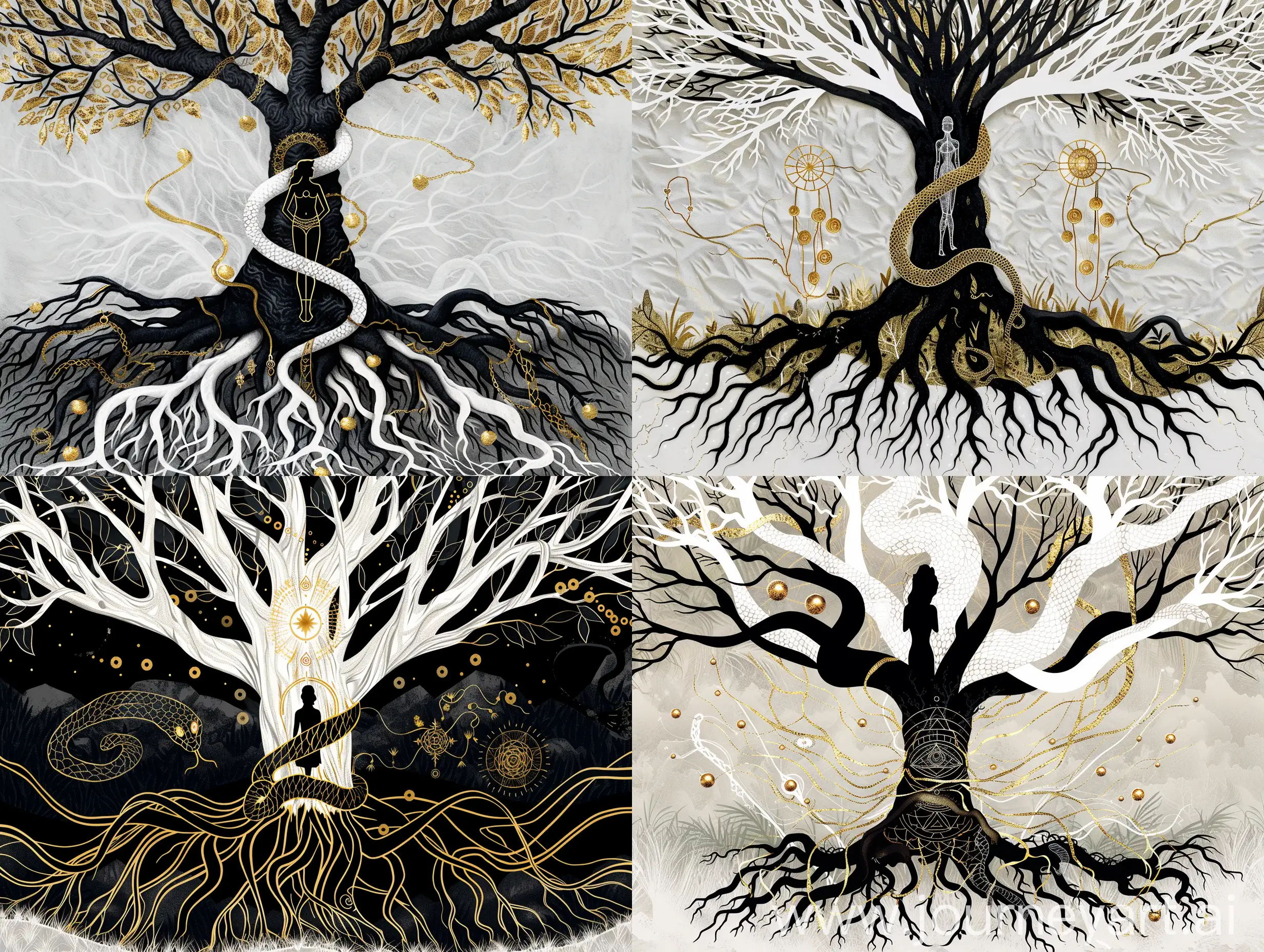 Serpent-and-Woman-in-Gold-Monochrome-Tree-of-Conscious-and-Unconscious-Minds