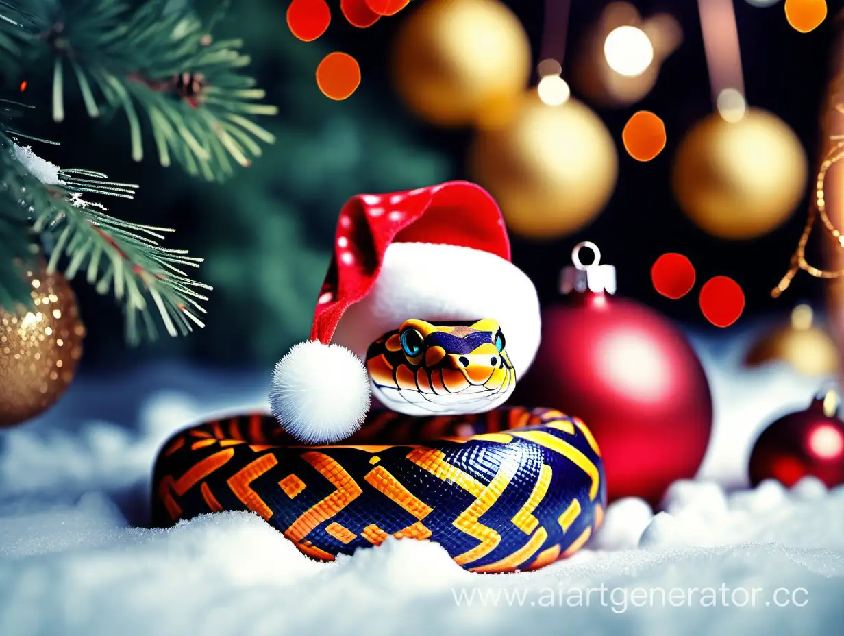Small, kind, Christmas, bright, with patterns, positive, smiling, funny, cute, funny snake, in a New Year's hat, snow around, fir branches, garland, New Year's balls and gifts, looking to the side, high quality, detail, 4k