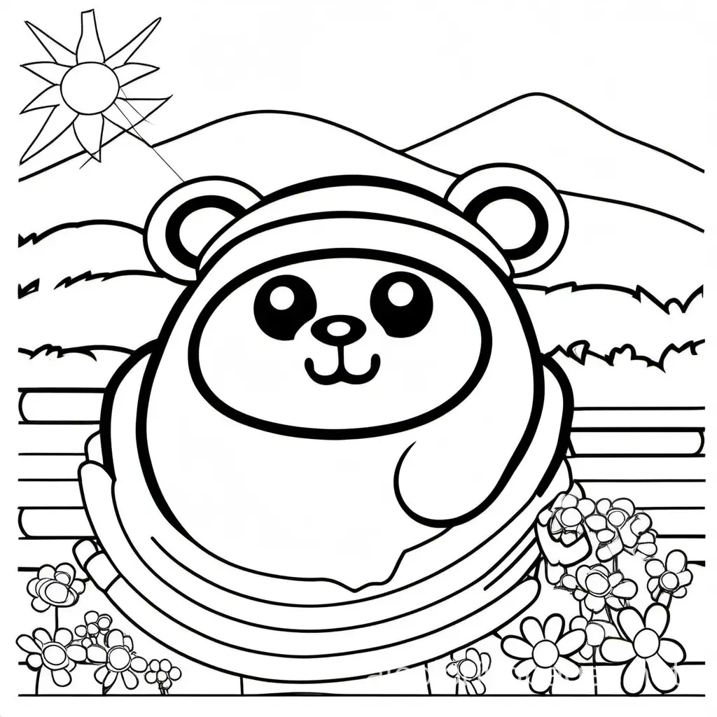 Kumamon, Coloring Page, black and white, line art, white background, Simplicity, Ample White Space. The background of the coloring page is plain white to make it easy for young children to color within the lines. The outlines of all the subjects are easy to distinguish, making it simple for kids to color without too much difficulty
