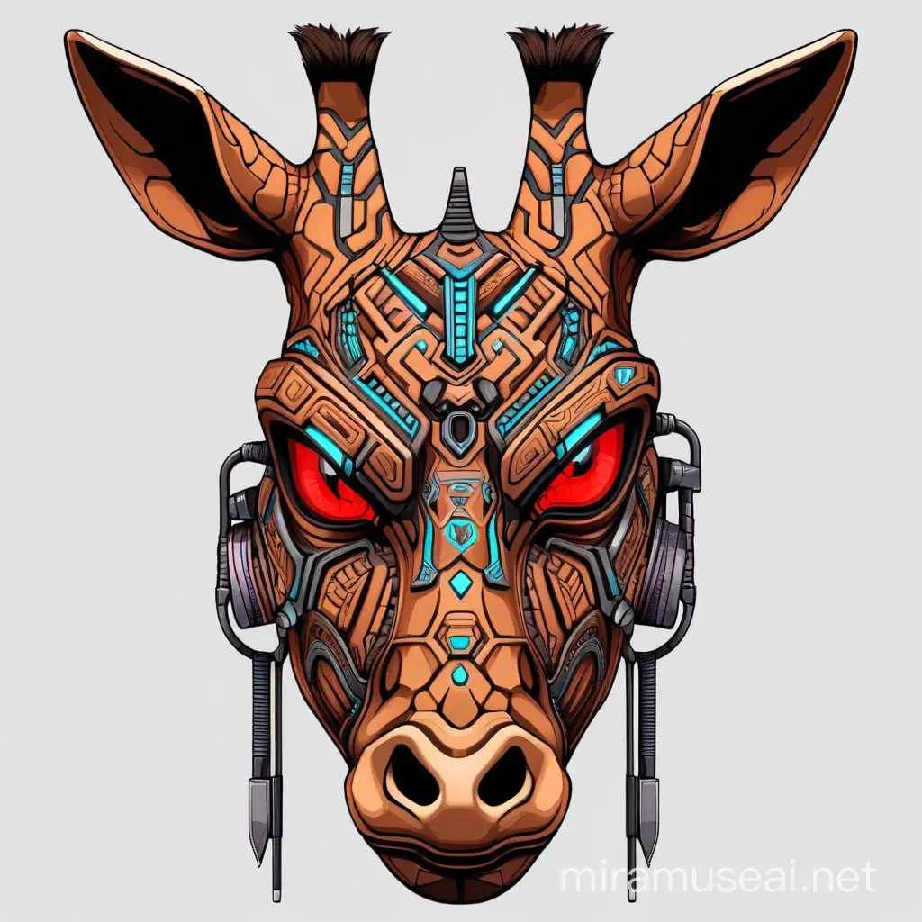 cyberpunk styled tribal mask of a giraffe. Mask should look evil and masculine. Eyes should be red. It should have base16 color palette. 