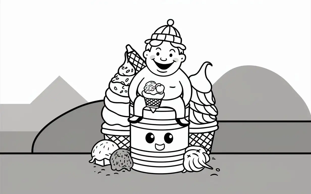 black and white ,coloring page, simple, man sitting on a keg of ice cream