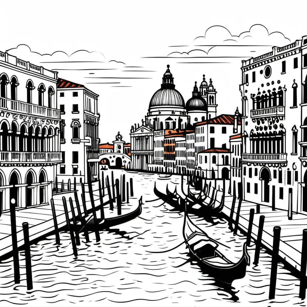 simple cute adult coloring page line art black and white , Grand Canal, St. Mark's Basilica

