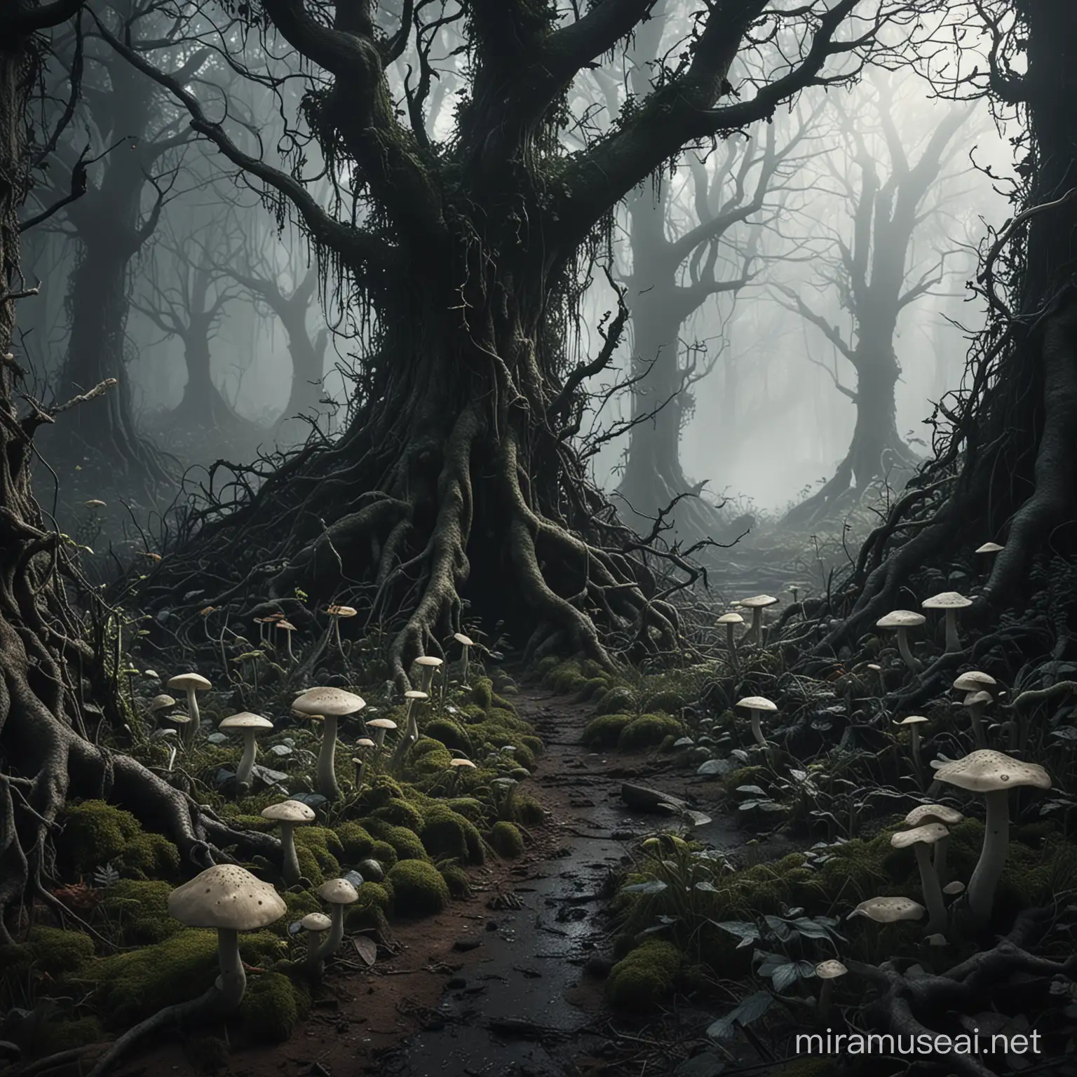 Dark fantasy forest with fungus and vines