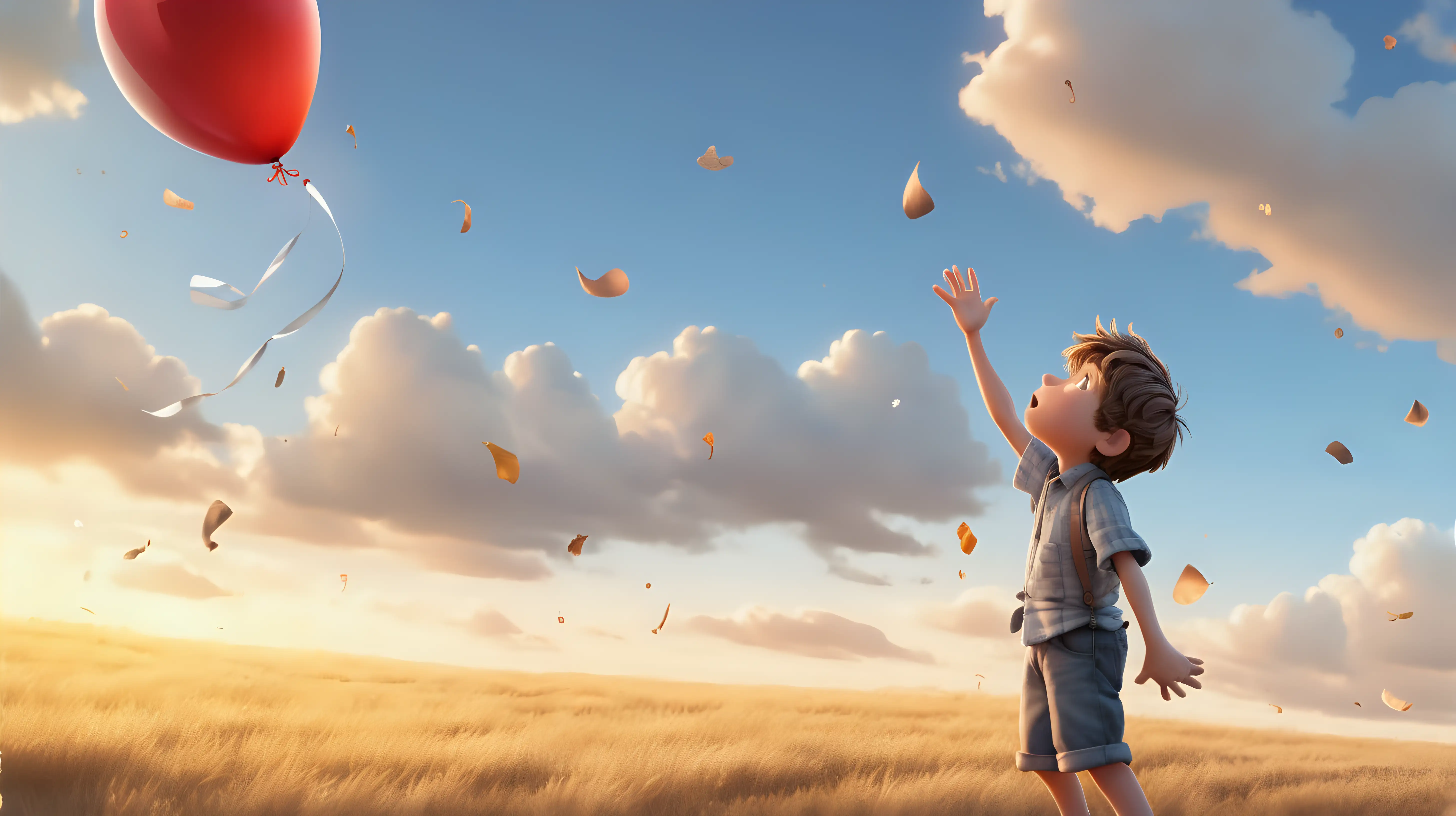 A beautiful scene of a charming animated boy releasing a deflated balloon into the sky, symbolizing lost dreams.