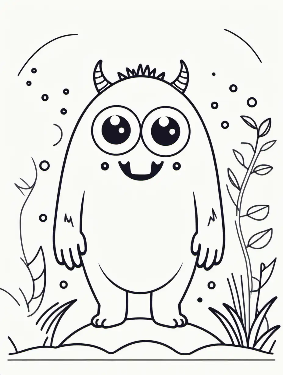 can you create a cute monster for a kids themed coloring book page, colorful, thin lines, high dof, 8k, ar 85:110, Simple line art, One line, line art, Clean and minimalistic lines, Minimalism Line drawing, fun child friendly background, natural color background, 