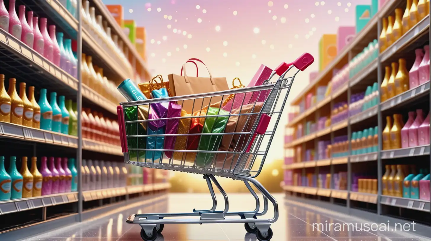 realistic shopping cart filled with everything you can buy online with a very glamorous and sparkling background with hazy sunlit background that looks like a fancy shop