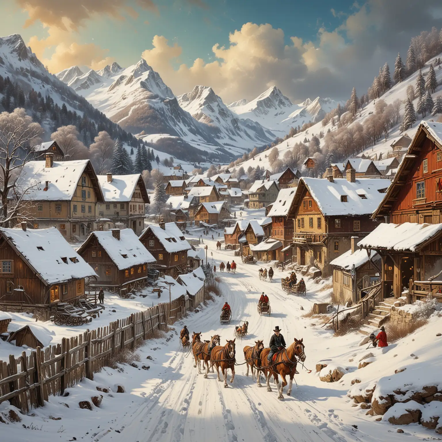 En snöig by i österrikiska alperna, 1800-tal, hästar drar slädar, en skidåkare åker störtlopp, en Sankt bernhardshund, Alice i underlandet stil, magiskt, fantasyroman, modern konst, Jackson Pollock stil 
