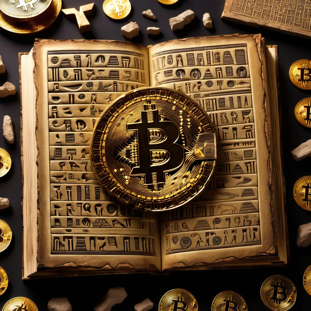 Ancient Wisdom Old Book adorned with Bitcoin and Hieroglyphs