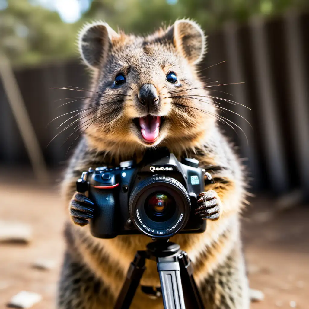 Cheerful Quokka Carrying a Sleek Camera on Its Shoulder
