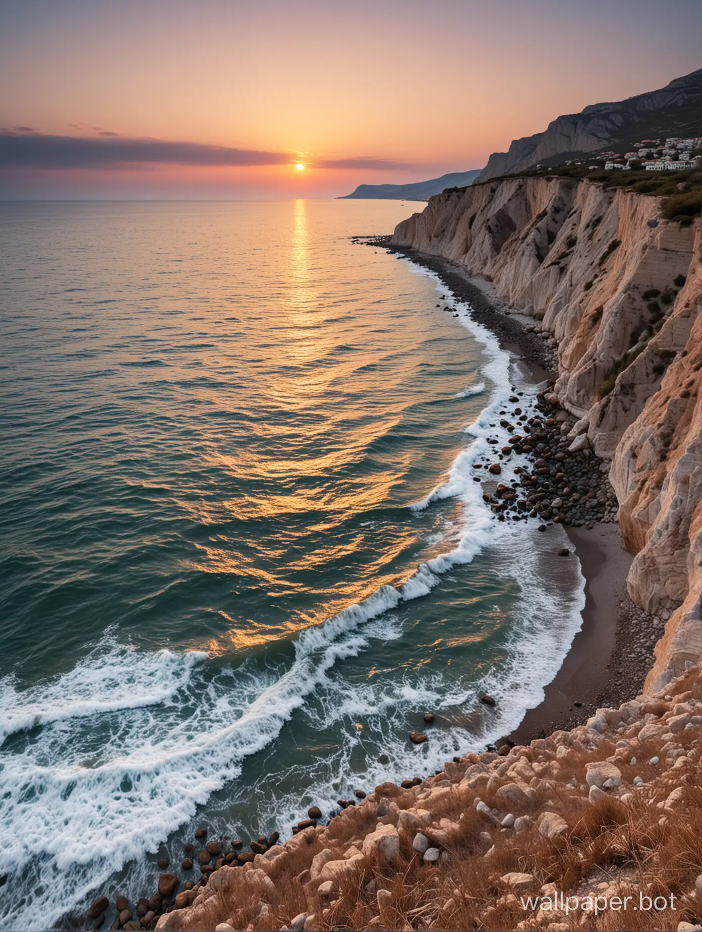 shore of the sea in Crimea, a small town in the distance, sunset on the sea