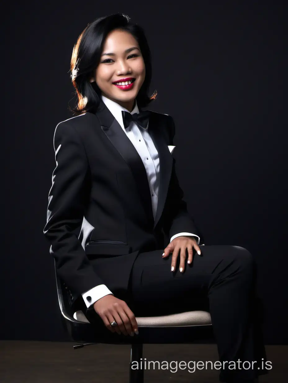 Elegant-Thai-Woman-in-Black-Tuxedo-Sitting-in-Dark-Room