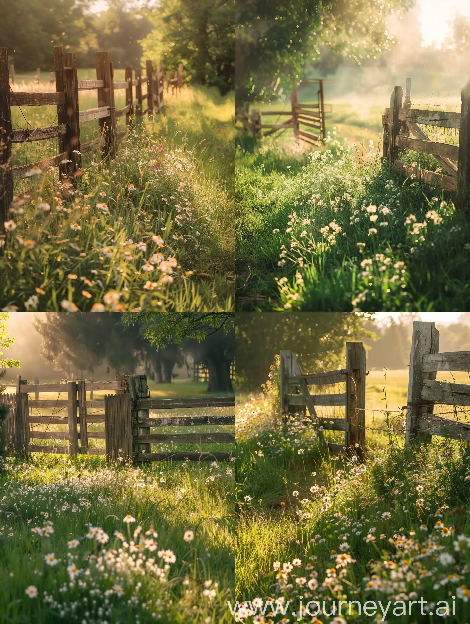 На фотографии красивая ферма с деревянными винтажными воротами, трава, цветы, детали, солнечный свет