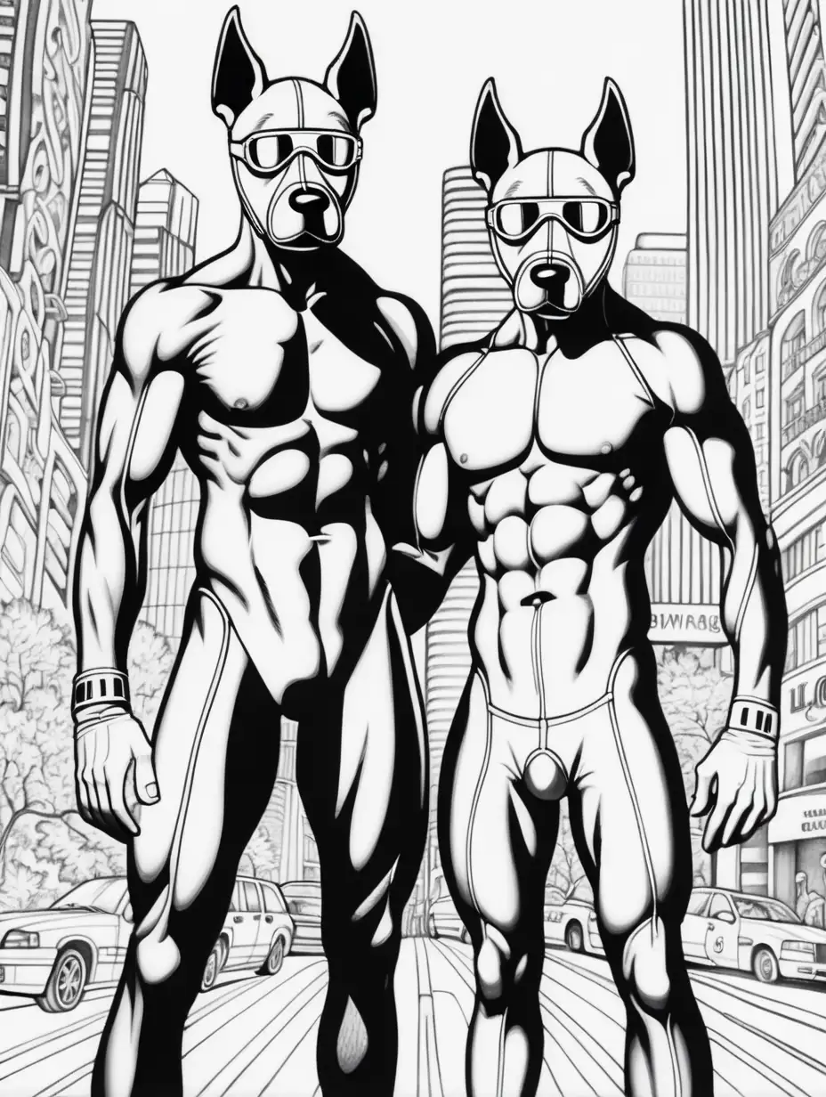 Adult Coloring Book, TWO thin mEn wearing dog maskS with snout, WEARING latex catsuit, wearing dog paws, big bulge,erotic pose, Black and White, black outline, high contrast, very DETAILED city BACKGROUND