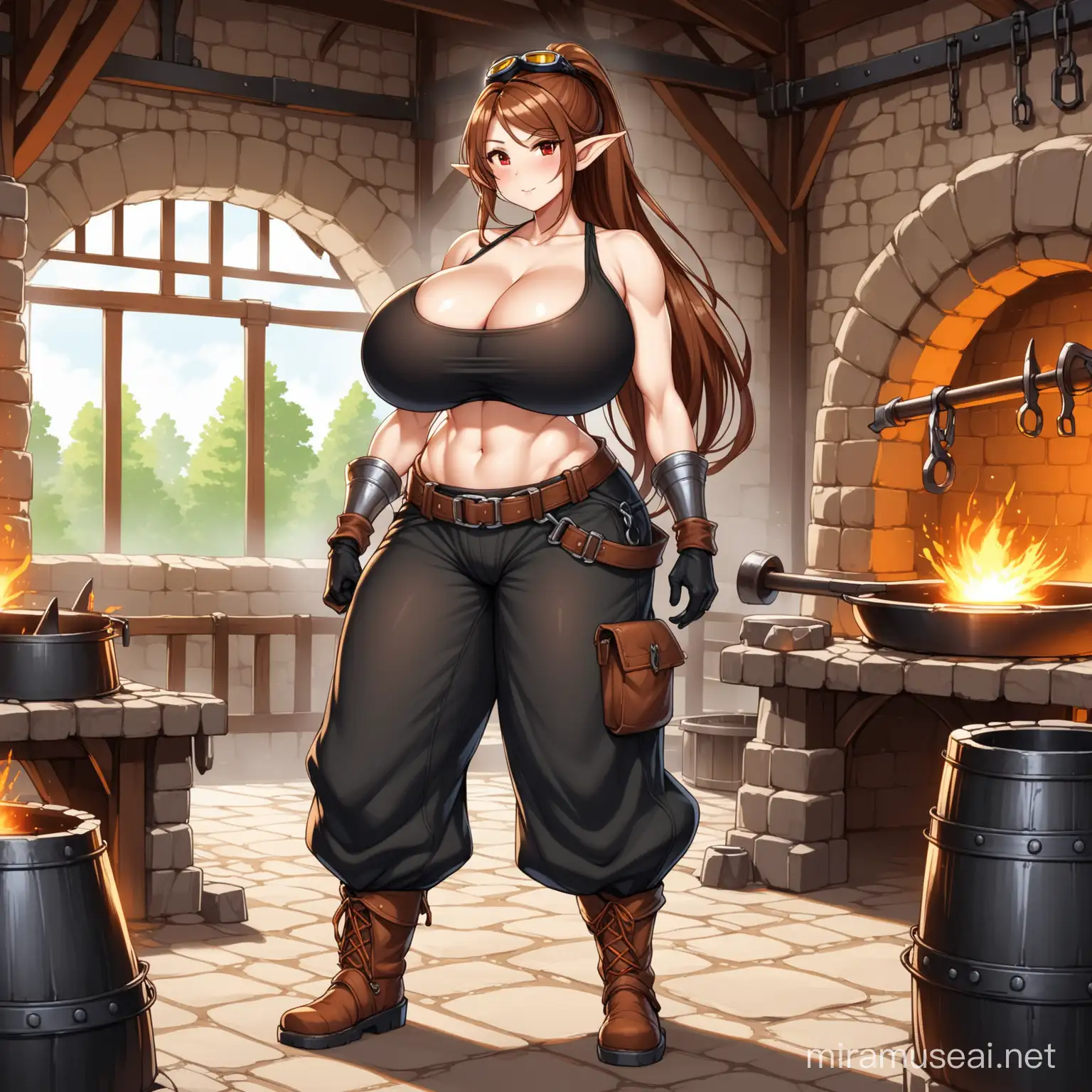 Elven Blacksmith with Gigantic Breasts Forging in Baggy Pants