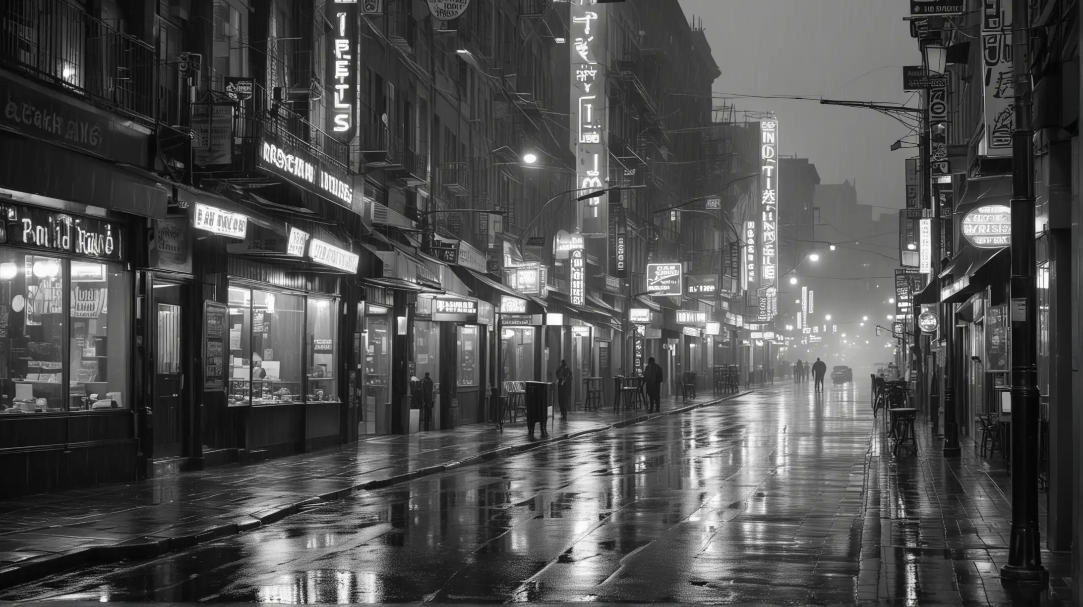 Monochrome image of city street during a light rainfall, with neon signs advertising all night restaurants, hotels,
