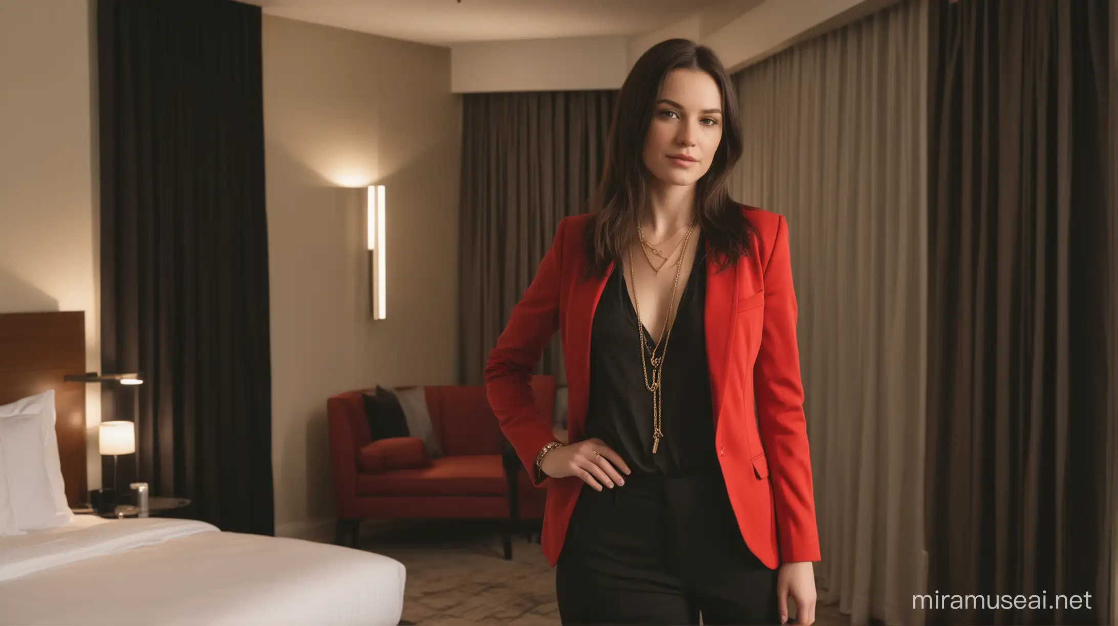 30 year old white woman standing in a hotel room in a high rise modern hotel in the evening. She has long dark brown hair, pale skin, wearing a red blazer, gold necklace with very low cut black shirt and black pants.